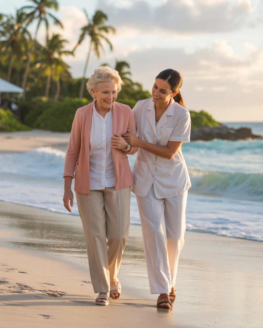 An older woman walks a pristine Pacific beach in Panama with her bilingual Comfort Care caregiver — the white-glove companionship that makes retiring or wintering abroad feel easy.